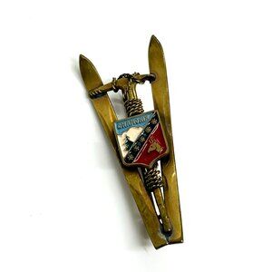 VINTAGE 1950s CHAMONIX FRANCE Ski Mountaineering Brass Enamel Pin MCM